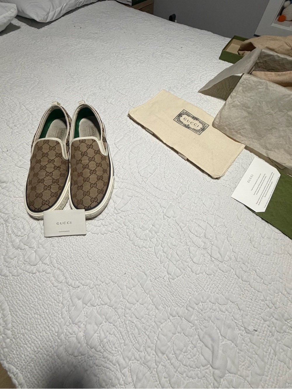 Gucci Brown GG Canvas Slip-On Loafers with White Trim